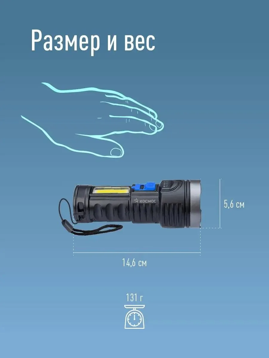 Фонарь светод 3Вт пластик IP53 4реж. аккум литий-ионный 18650, индикатор, USB-шнур, KOS115Lit, (шт.)