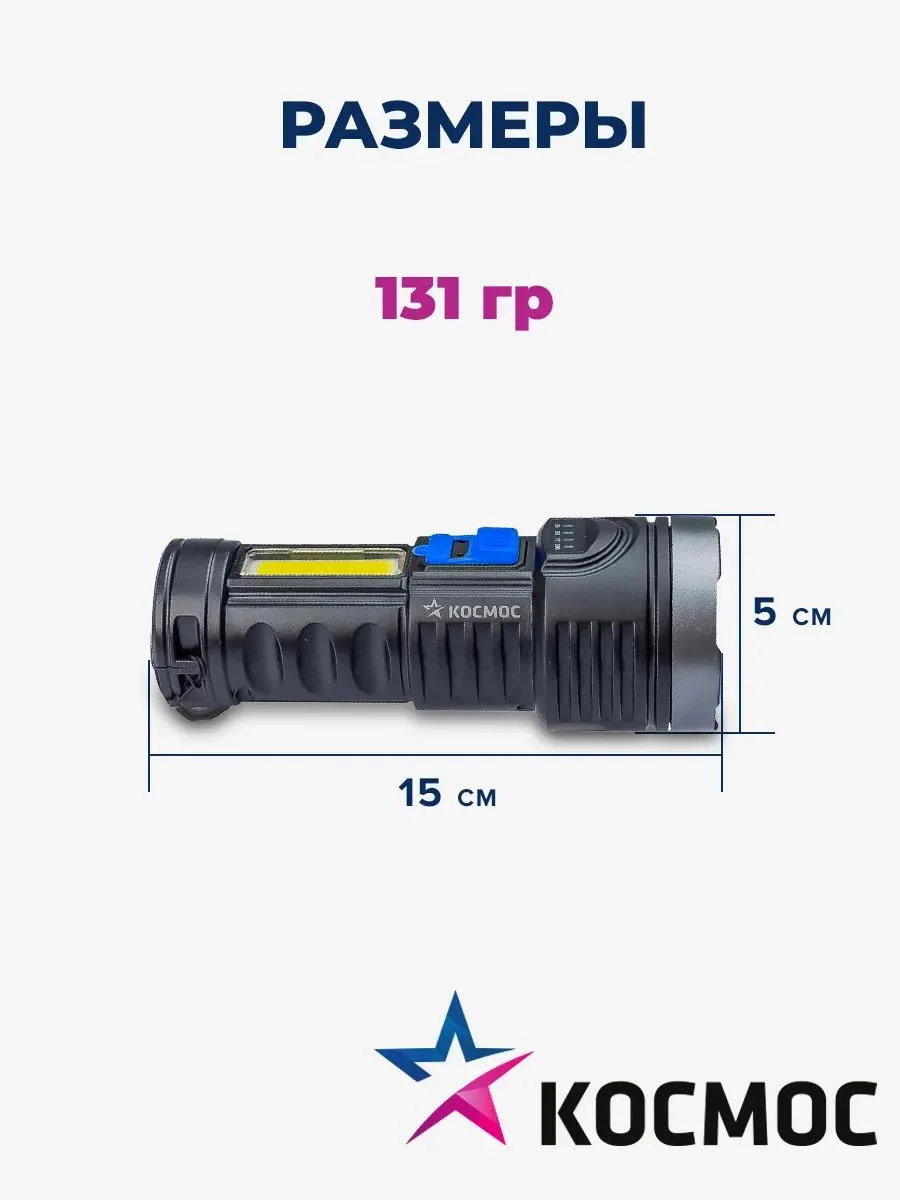 Фонарь светод 3Вт пластик IP53 4реж. аккум литий-ионный 18650, индикатор, USB-шнур, KOS115Lit, (шт.)