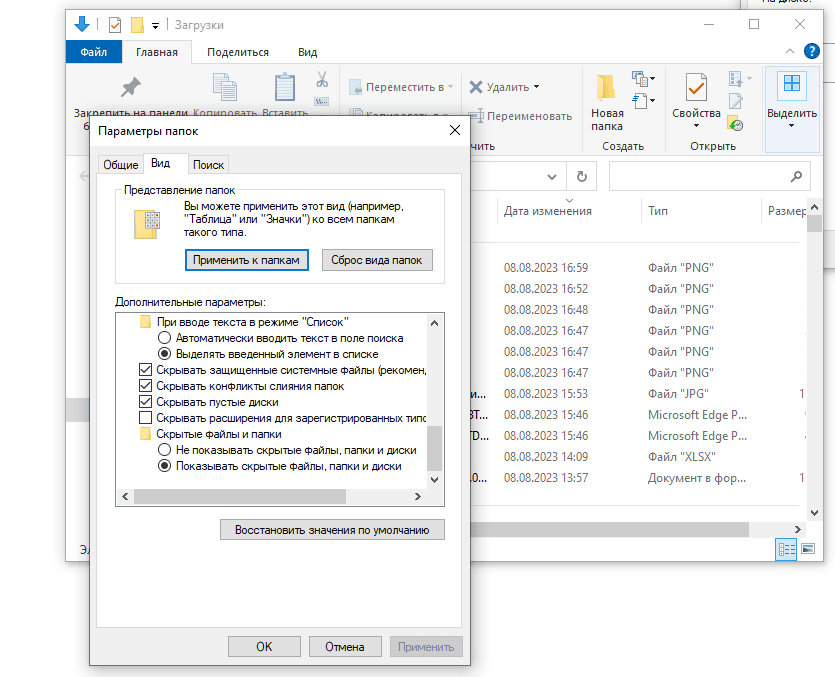 Настройка отображения скрытых и системных файлов в Windows